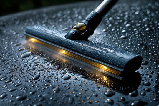 Futuristic robot cleaning with deionized water jets and squeegee bar creating realistic reflections