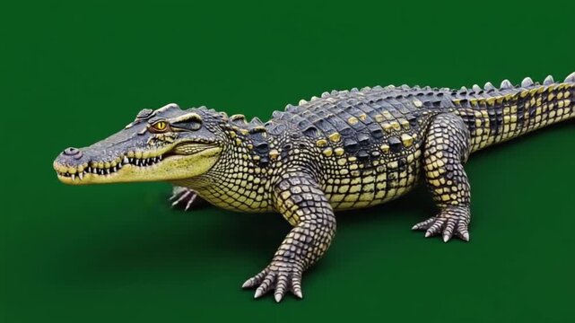 A close up shot of a crocodile with its patterned skin against a green background in studio light crocodile green screen video
