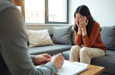 Young asian woman cries during counseling session with therapist. Female patient sitting on sofa and covering her face with hands. Psychologist taking notes on clipboard in clinic.