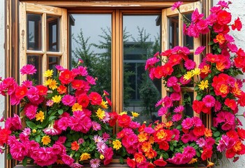 Fototapeta premium Antique window frame overflowing with vibrant blooming flowers, blooms, architecture