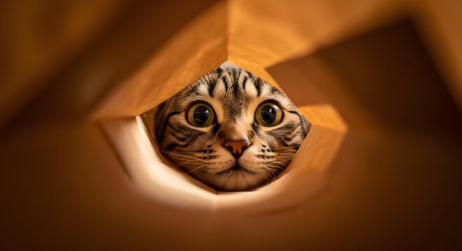 A curious tabby cat with wide eyes peeks out from inside a brown paper bag, looking directly at the viewer.