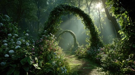 Enchanting forest pathway lush green arches and sunlight illuminating the trail