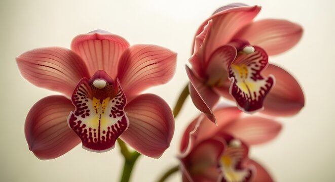 Close-up of three vibrant pink orchids with intricate yellow and red patterns in their centers, against a soft, light background.