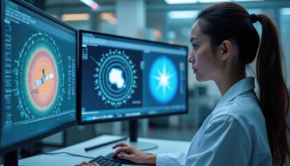 Female scientist works on complex satellite data on computer monitors. She analyzes orbital trajectory and spacecraft information. Her work involves advanced research and development.