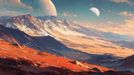 Epic landscape of alien planet with mountains moons and colorful sky
