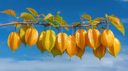 Exotic fruit branch with ripe golden star fruits against a blue sky