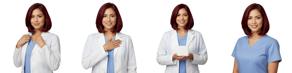 Four cutout images of a professional female doctor with red bob, isolated on transparent background. Poses: adjusting, empathetic, medicine, scrubs. Perfect for healthcare ads, medical brochures,