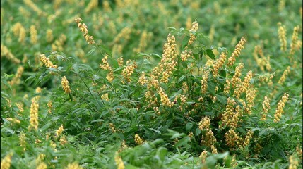 Field of yellow flowers and green foliage outdoors in natural sunlight