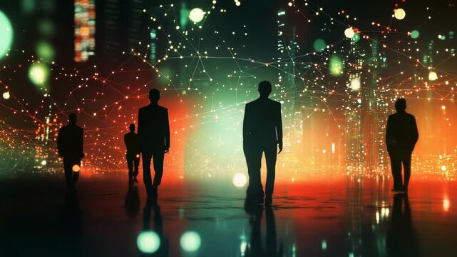 Abstract digital network with people walking, glowing colored lights highlight teamwork, connection and modern virtual society.
