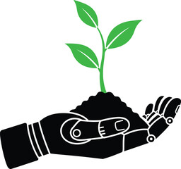 Robotic Hand Holding Plant Silhouette