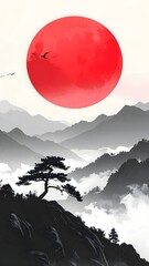 Japanese inspired nature painting with glowing red sun high resolution image