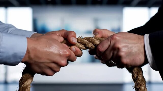 Two business people engaged in a fierce tug of war, symbolizing competition and rivalry in the corporate world.