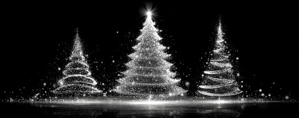 Three silver particle Christmas trees on black background, front view