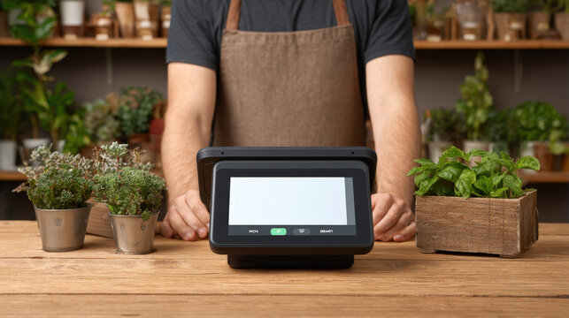 Cashier operating a modern point-of-sale terminal on wooden counter with both hands