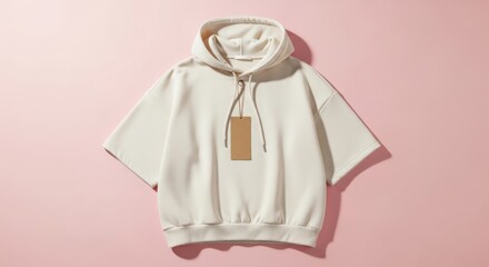 A cream colored hoodie with a tag on a pink background studio shot