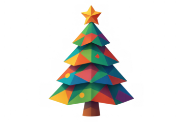 Abstract low poly christmas tree showcasing a vibrant geometric design and star topper, perfect for holiday decoration, transparent background