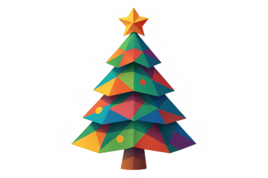 Abstract low poly christmas tree showcasing a vibrant geometric design and star topper, perfect for holiday decoration, transparent background