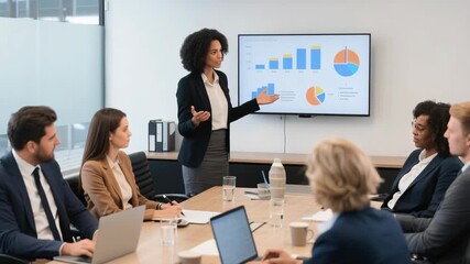 Confident businesswoman presenting sales and financial graphs to diverse colleagues during a meeting in a contemporary office, promoting teamwork and data analysis for strategic planning. - Powered by Adobe