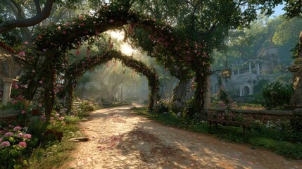 Floral arches over a pathway leading to a building outdoors