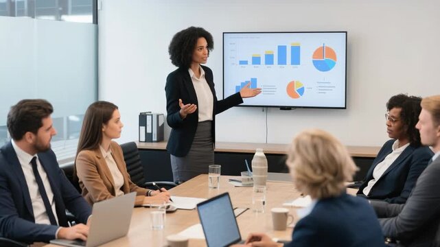 Confident businesswoman presenting sales and financial graphs to diverse colleagues during a meeting in a contemporary office, promoting teamwork and data analysis for strategic planning. - Powered by Adobe