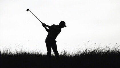 Golfer swinging club in silhouette over grass