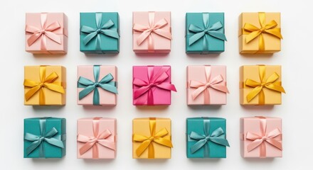 Arrangement of fifteen colorful gift boxes with bows on a white surface