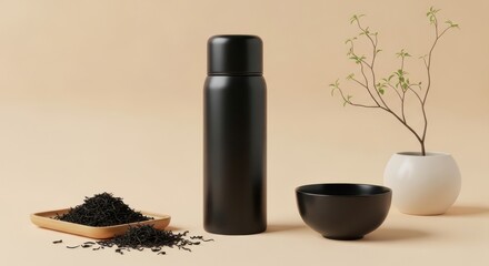 Still life with black thermos, tea, bowl, and plant on a beige surface
