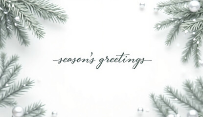 Minimalist White Christmas Banner with Pine Branches and Silver Baubles — Season’s Greetings Design