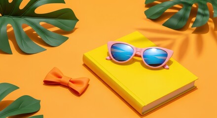 Still life with sunglasses on book, bow tie and monstera leaves decor