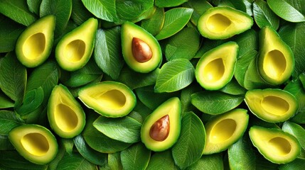 Fresh avocado halves arranged on vibrant green leaves in overhead view