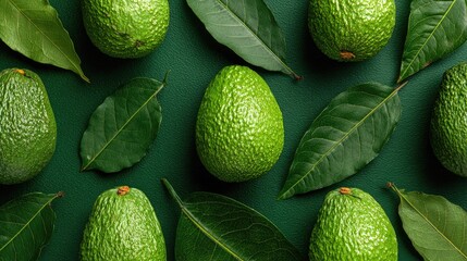 Fresh avocados and green leaves arranged on a dark green surface background