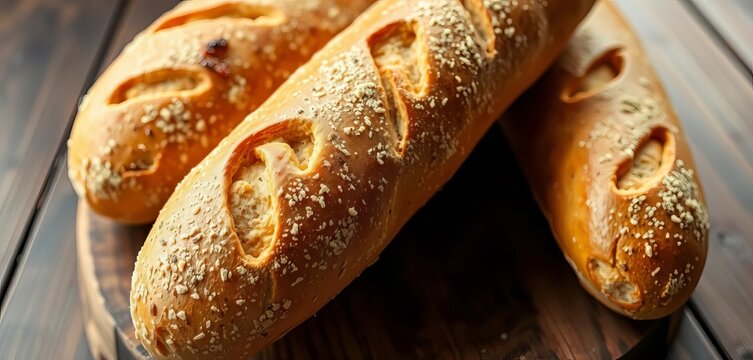 Golden-brown crusty baguettes freshly baked, displayed on rustic wood,   baked goods,   delicious food