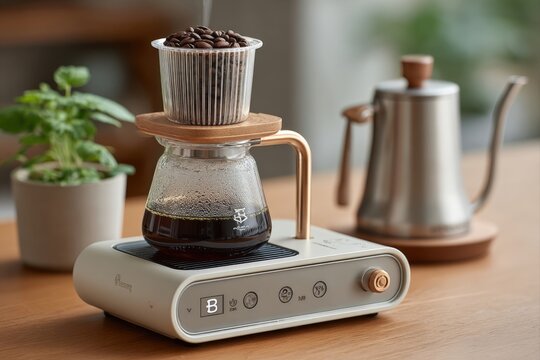 Compact inline power meter with induction plate and kettle on clean kitchen counter