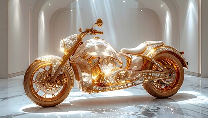 Luxurious golden motorcycle with crystal detailing and elegant artistic design high resolution picture