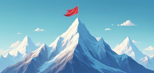 Red flag waves on snow capped mountain peak. Symbol of goal, success, achievement, victory. Highest summit represents business challenge, ambition, winning, leadership, growth, triumph,