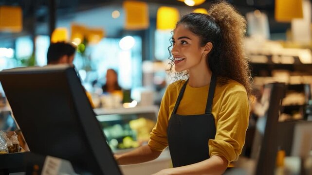 Service with a Smile: A vibrant young worker at a coffee shop exudes warmth and hospitality behind the counter. She engages with customers while embodying the spirit of friendliness and dedication.