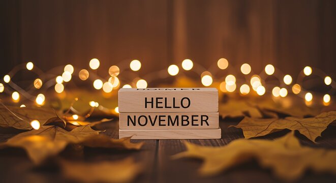 Hello november text on wooden block with autumn leaves and bokeh lights