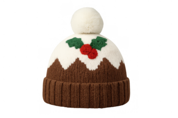 Christmas pudding beanie hat with pom-pom and holly knit pattern celebrating winter holidays