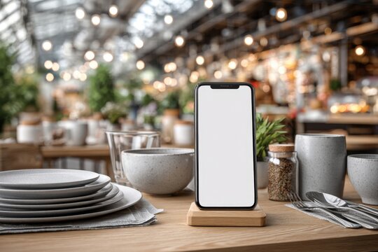 Restaurant table with smartphone on QR code menu stand in warm ambient lighting