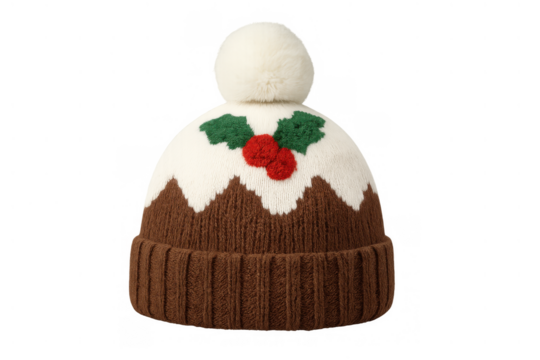 Christmas pudding beanie hat with pom-pom and holly knit pattern celebrating winter holidays
