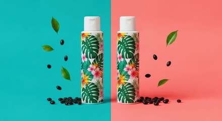 Two tropical lotion bottles with leaves and berries on split background