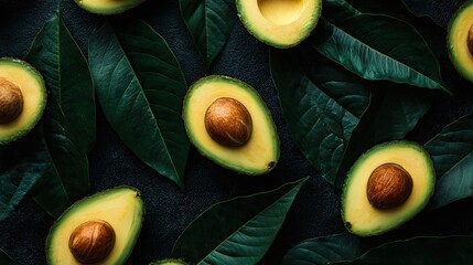 Fresh avocados with seeds arranged on green leaves background