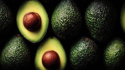 Fresh avocados arranged in a dark close up food photography composition