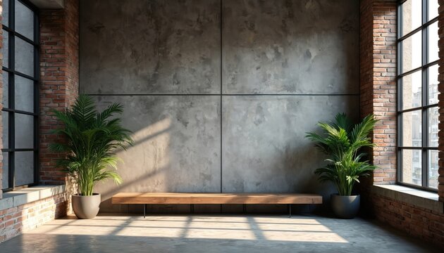 Empty loft room interior with concrete wall brick accents and large windows. Minimalist bench and green plants add warmth to industrial space. Sunlight streams through large window.