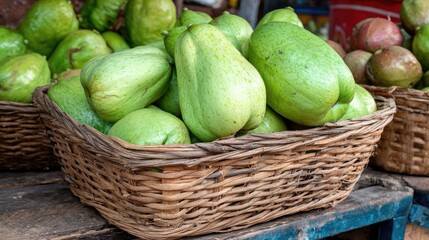 Fresh chayote squash displayed in wicker baskets at a market stall