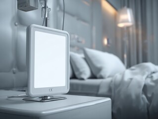 Hospital bedside monitor with blank screen and IV pole in clinical medical room