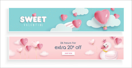 Set of Valentine's day concept backgrounds with swan, heart shape balloons and hot air balloon. Happy Valentines day vector sale banner, flyer, invitation, poster, background design

