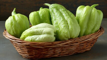 Fresh chayote squash in wicker basket on tabletop with selective focus