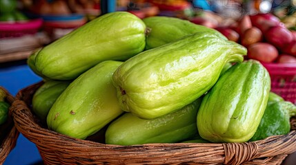 Fresh chayote squash in a wicker basket for sale at a local market