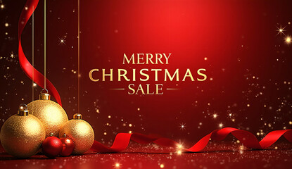 Elegant Christmas Sale Banner with Golden Ornaments and Red Ribbon on Deep Red Background